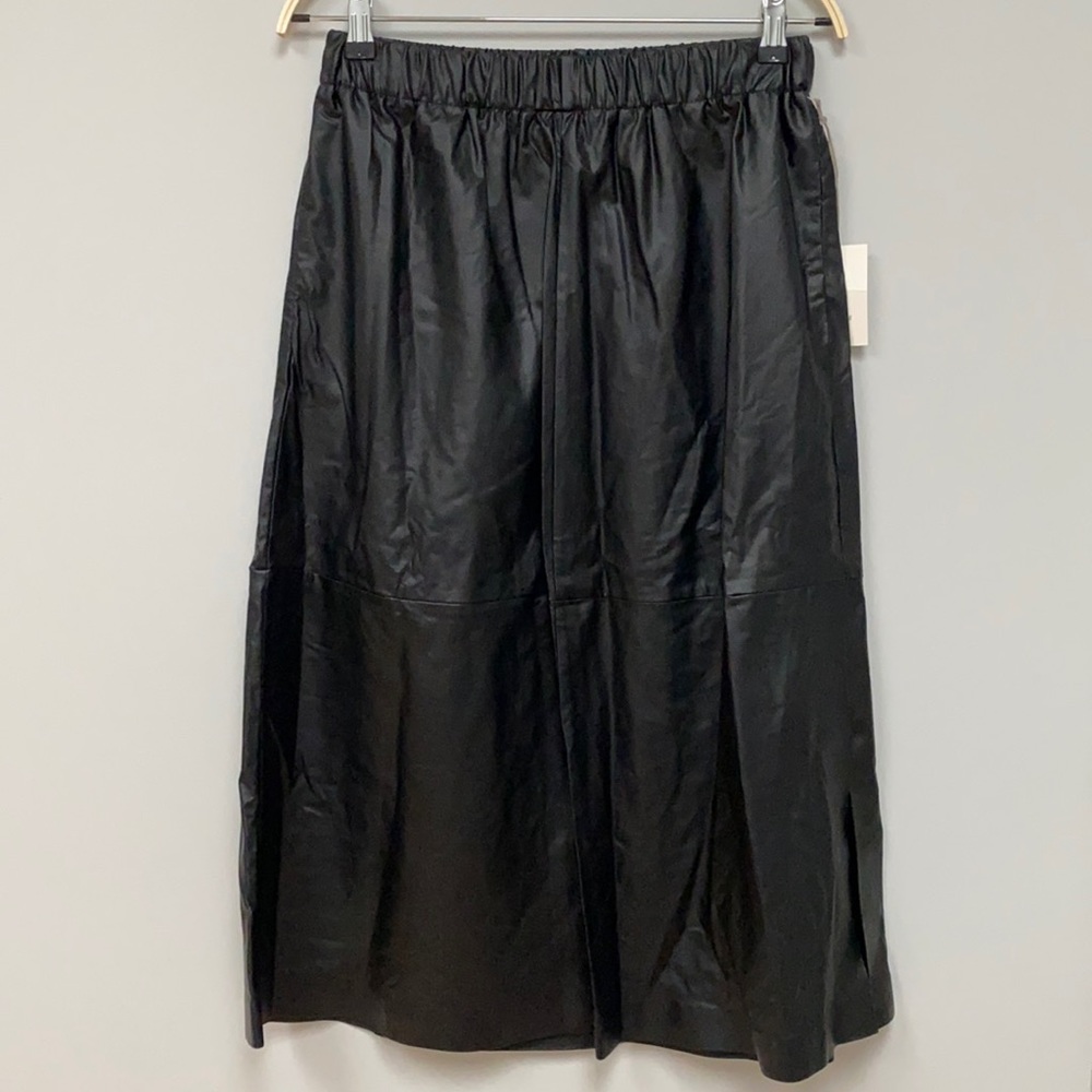 Black A-line faux leather midi skirt